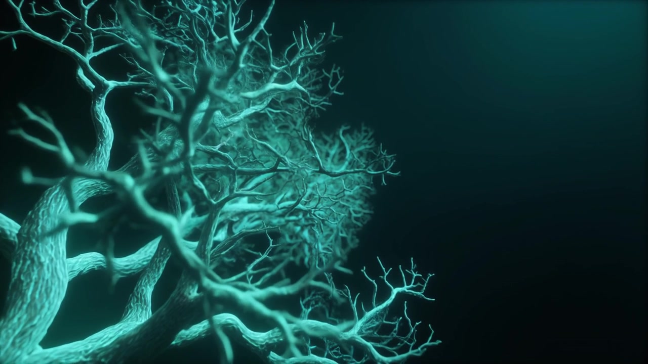 Animazione 3D astratta di rami d'albero color ottanio luminosi