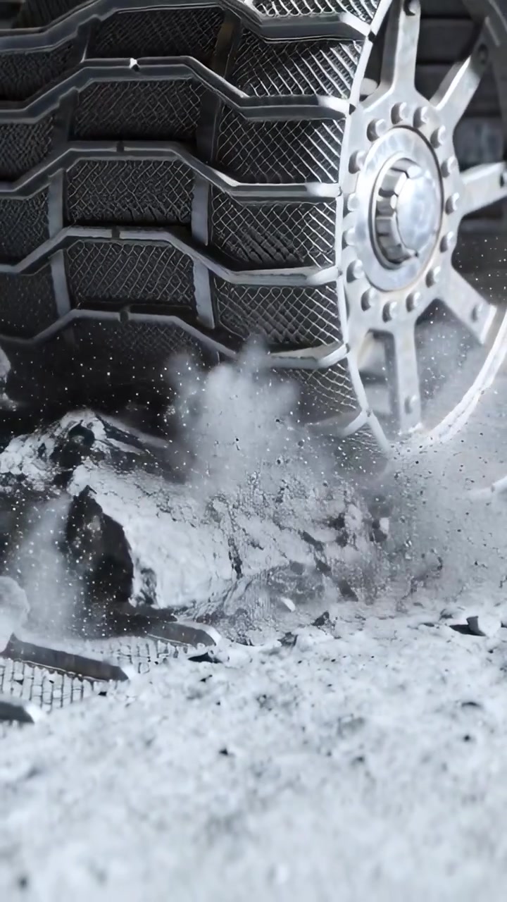 Vertical video: Rolling heavy offroad wheel contacting cracked rock at test track, testing grip