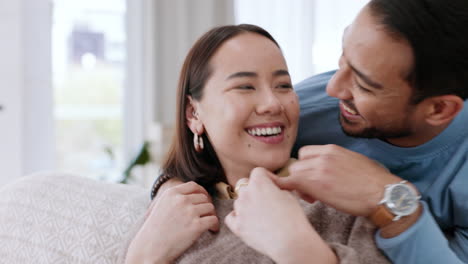 love, home and portrait of couple hug while relax