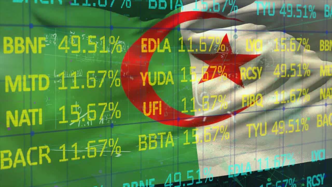 Cezayir bayrağı üzerinde finansal veri işleme animasyonu.