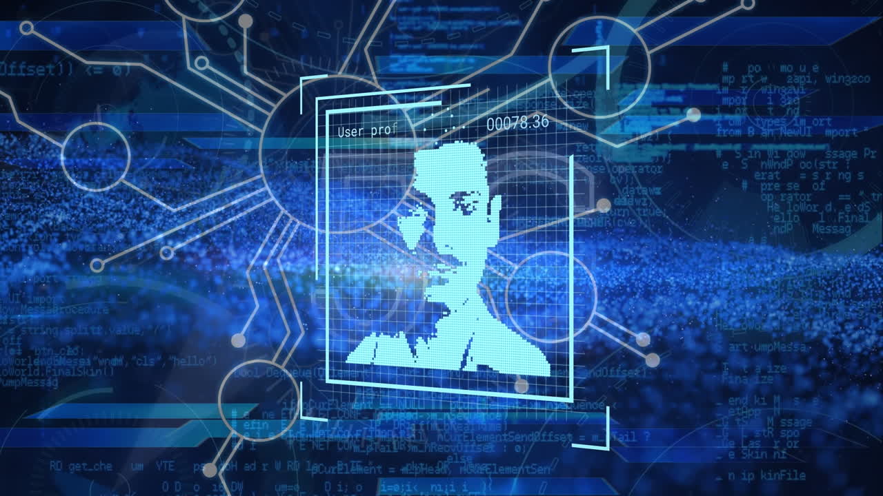 검은색 바탕에 연결 네트워크와 디지털 인터페이스의 애니메이션