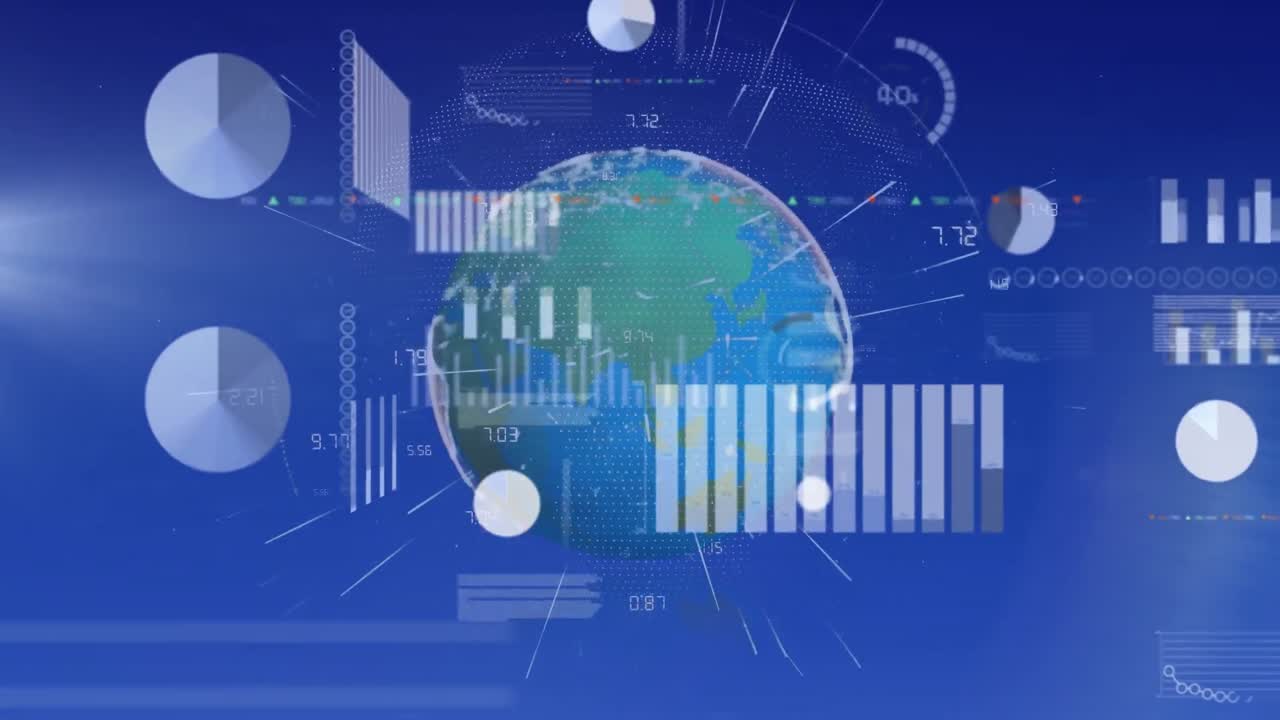 Animation of statistical and stock market data processing over spinning globe on blue background