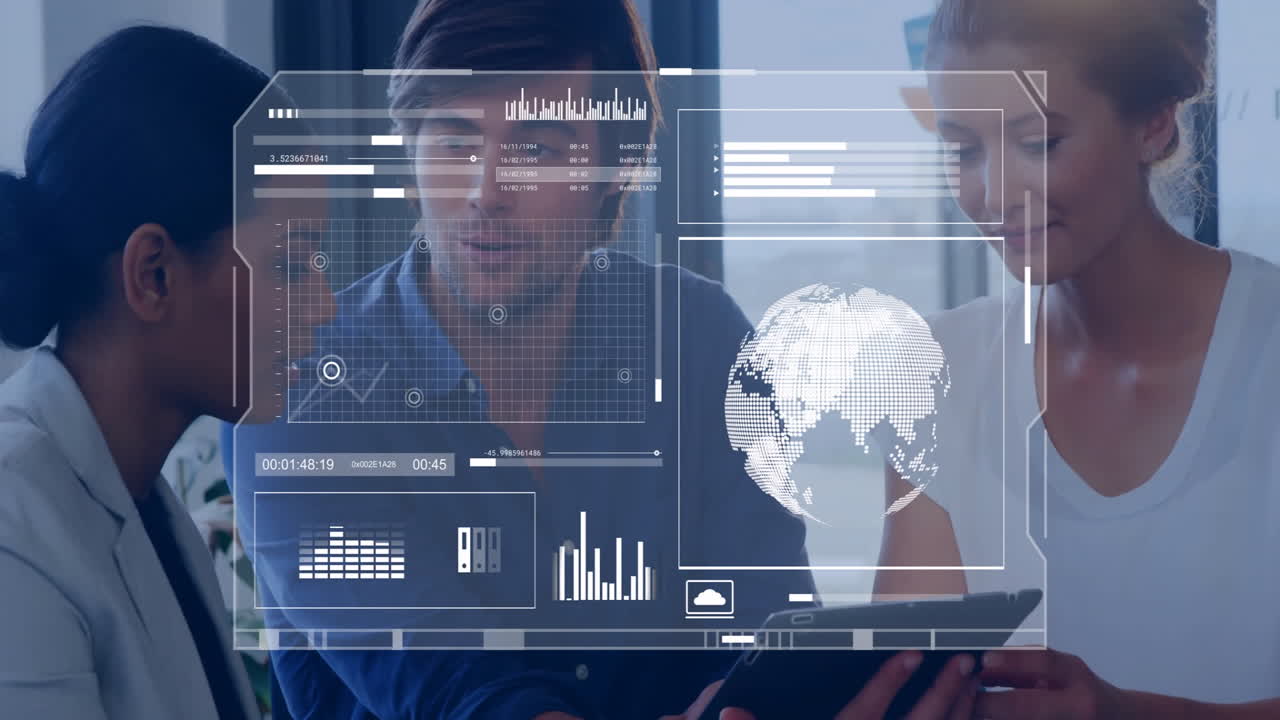 Animation of data processing and diagrams with globe over diverse colleagues talking in office