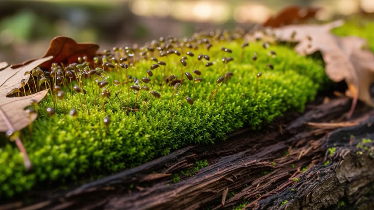 A Close-Up View of Lush Green Moss and Delicate Moss Spores on a Decaying Log Surrounded by Autumn Leaves, Capturing the Beauty of Nature's Forest Floor