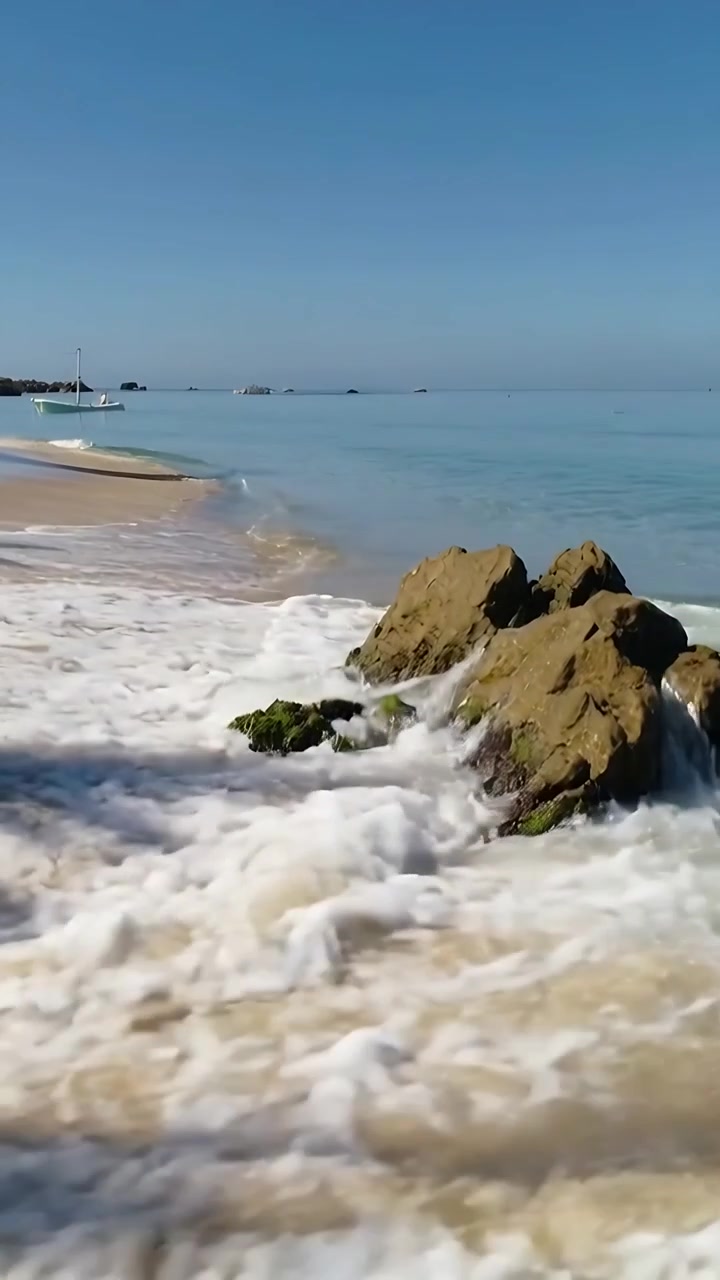 Video verticale: Ondata in arrivo che si infrange su una roccia frastagliata con alghe, inviando schiuma sulla sabbia, con spazio per il testo.