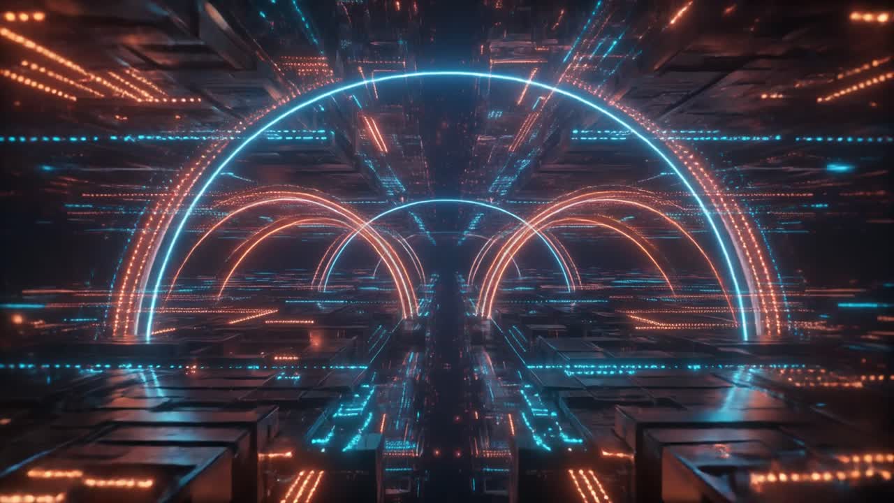 Abstract Futuristic Digital Tunnel with Glowing Neon Arches