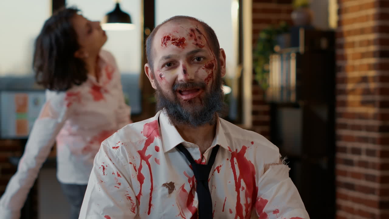 Mindless dumb looking zombie in office workspace sitting at table