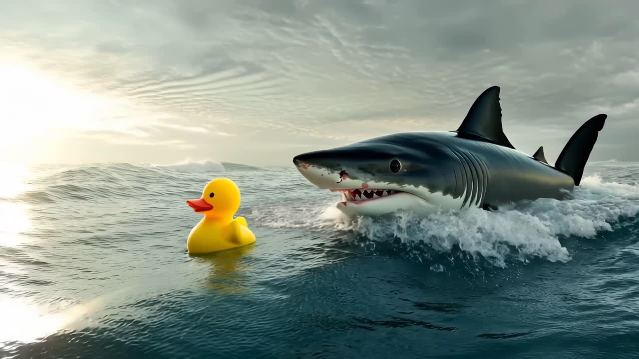 Shark chases rubber duck in ocean waves. A large shark pursues a bright yellow rubber duck in turbulent ocean waters under a cloudy sky.