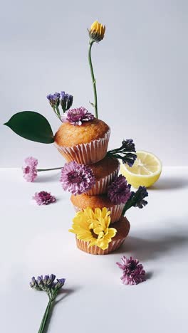 stacked cupcakes with flowers and lemon