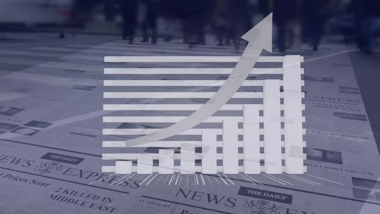 Animation of financial data processing with arrow over newspaper