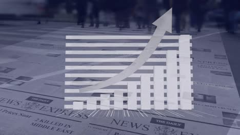 animation of financial data processing with arrow over newspaper