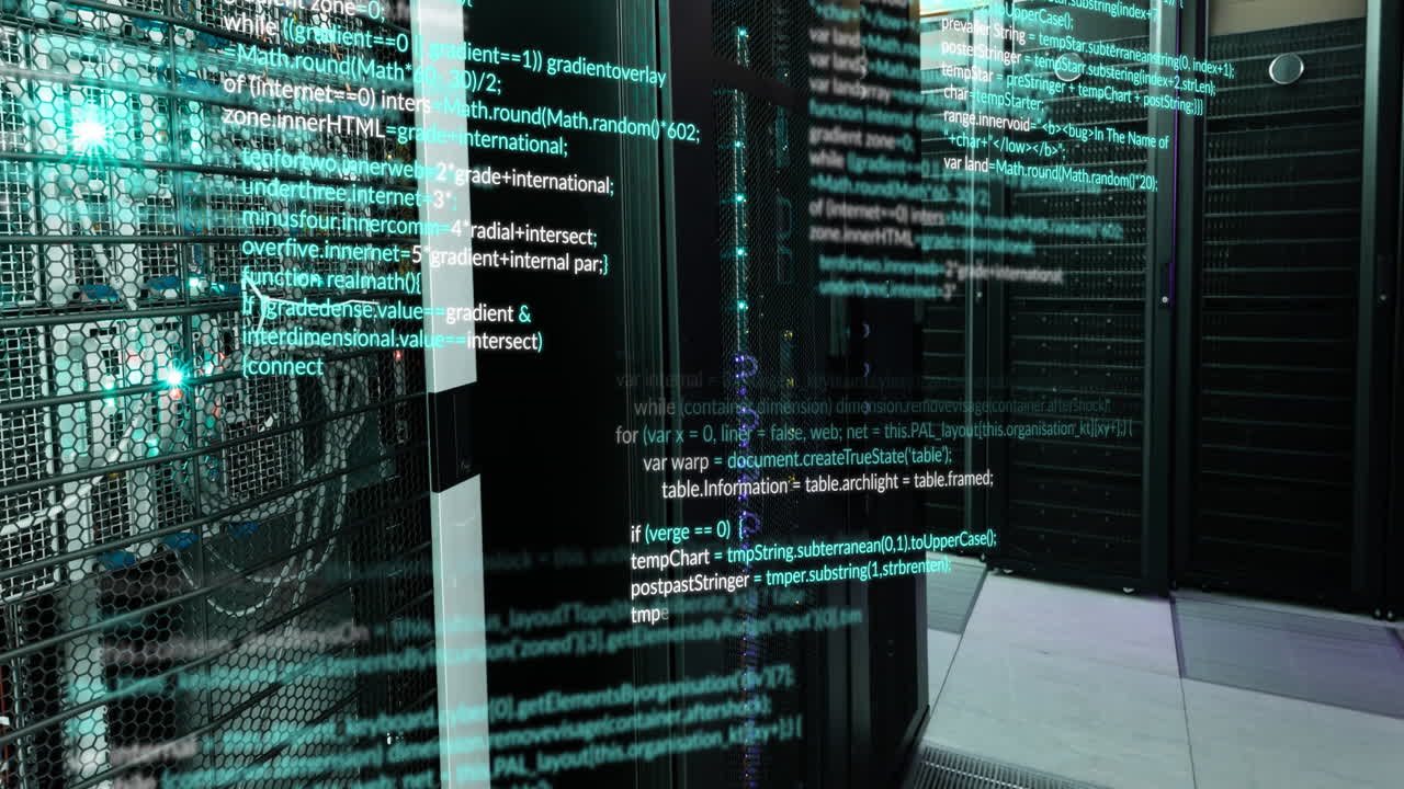 animação do processamento de dados contra uma sala de servidor de computador vazia