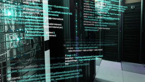 animación del procesamiento de datos frente a una sala de servidores de computadora vacía