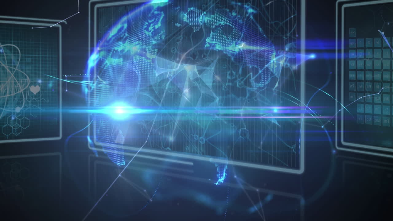 Animation of data processing over screens on dark background