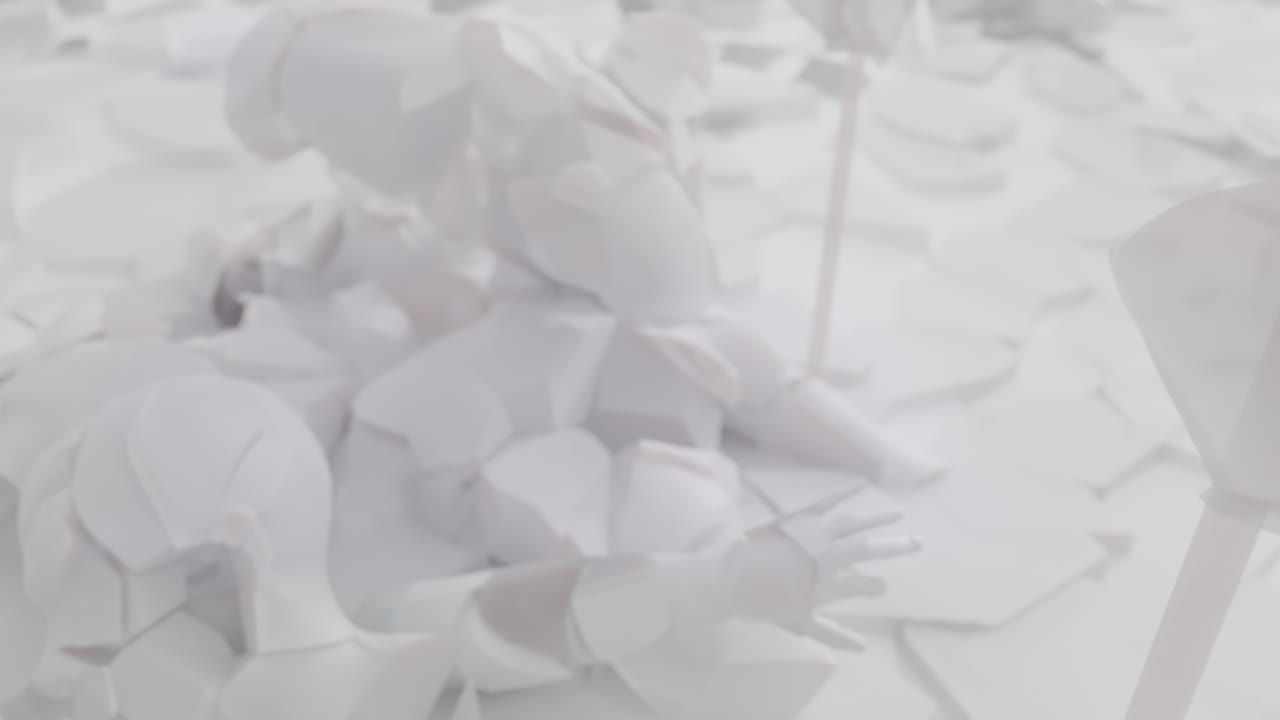 White, crushed android body parts on a foggy junkyard