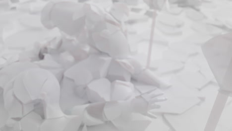 white, crushed android body parts on a foggy junkyard