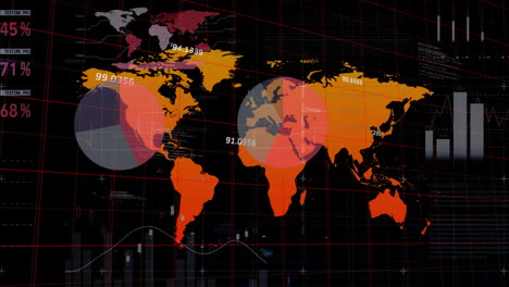 Animation-of-multicolored-infographic-interface-and-map-against-black-background