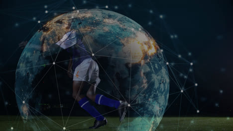 animation of globe rotating and numbers moving over african american male soccer player