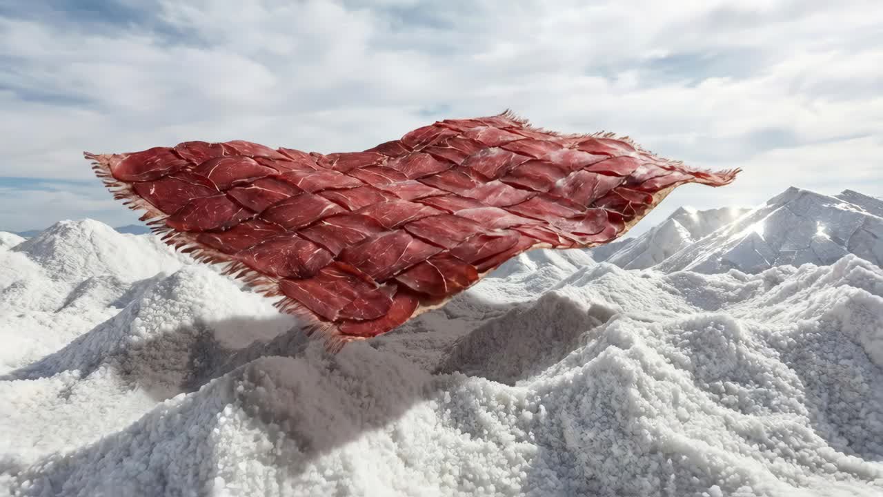 A surreal bacon carpet floating above a salt flat landscape