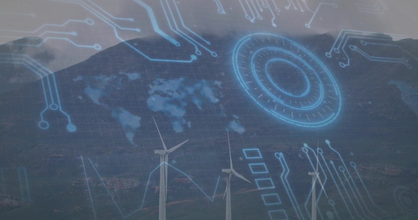 Three wind turbines rotating against mountain peak, showing 3D-render digital overlay with HUD grid