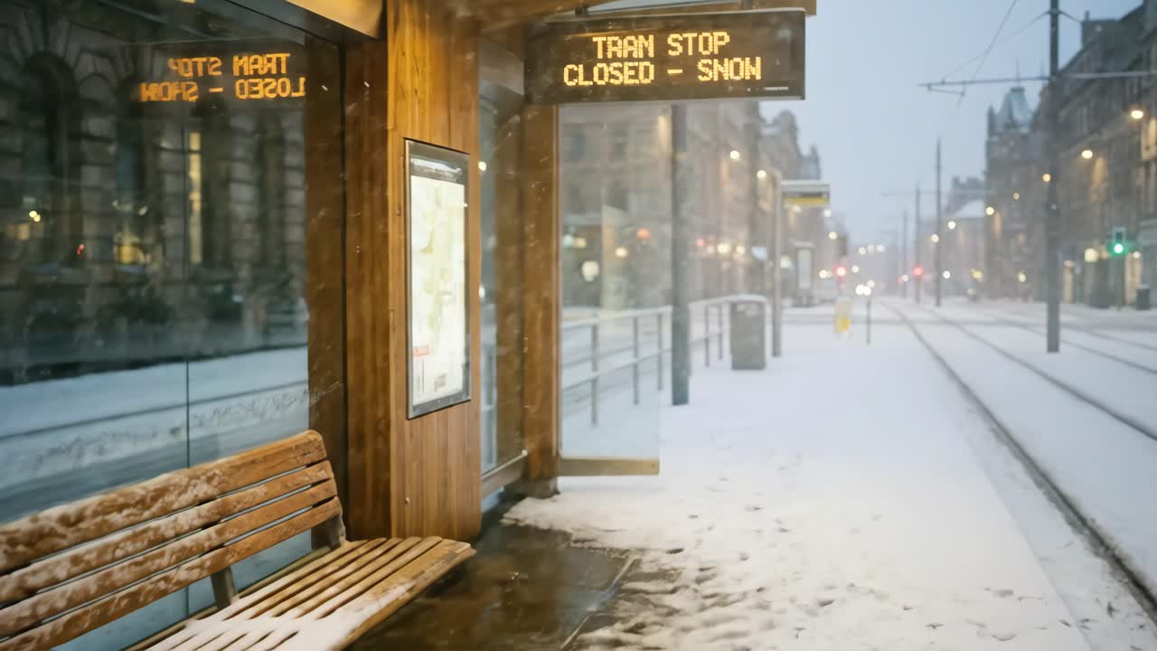 Fermata del tram urbano chiusa per forte nevicata