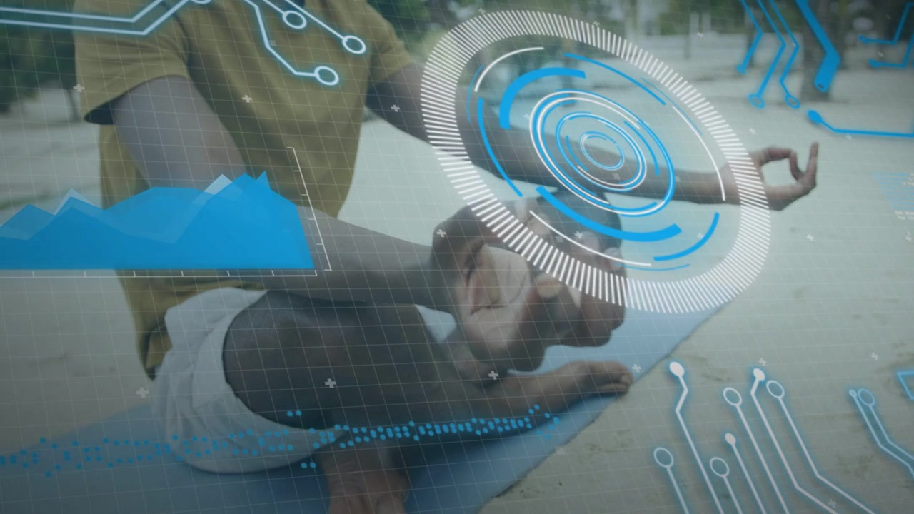 Man meditating seated making finger taps and causing AR HUD pulse while tracking vitals