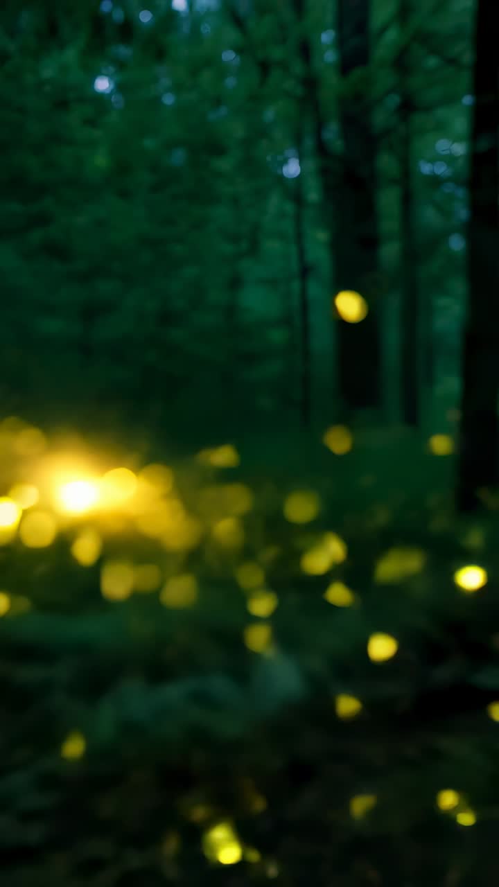 Video verticale: formazioni di sfere dorate che esplodono in granelli, creando una nuvola di polvere luminosa in un bosco al crepuscolo