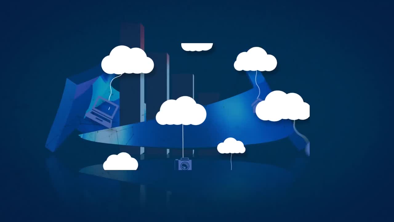 Animation of clouds with technology icons over graphs and arrow on blue background