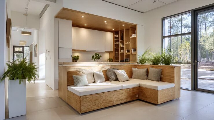 Design di interni moderno: un elegante spazio abitativo open space con una comoda area lounge dotata di arredi contemporanei e luce naturale