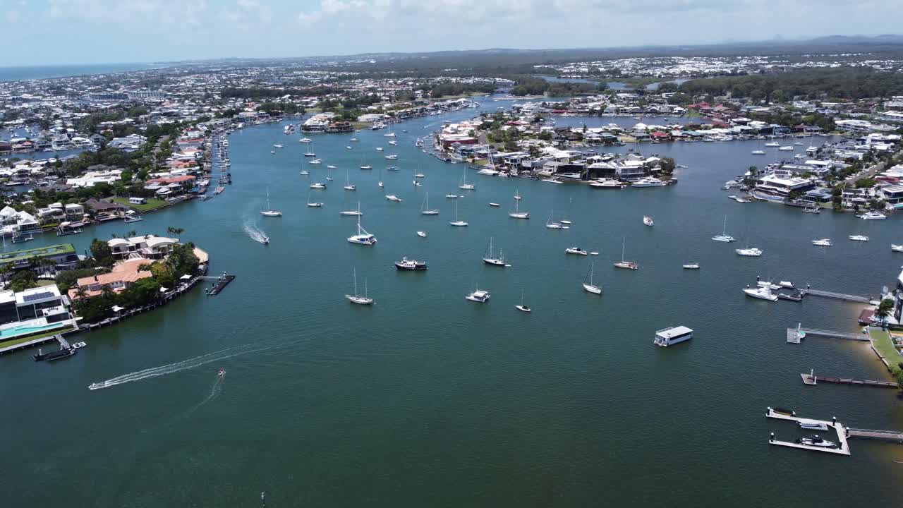 4K Aerial view of a boat harbour on Australia's Sunshine Coast