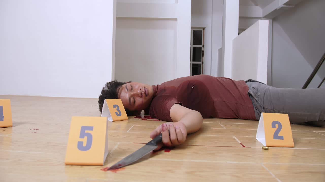 Dead Man Body And Knife In Blood Lying On Floor At Crime Scene