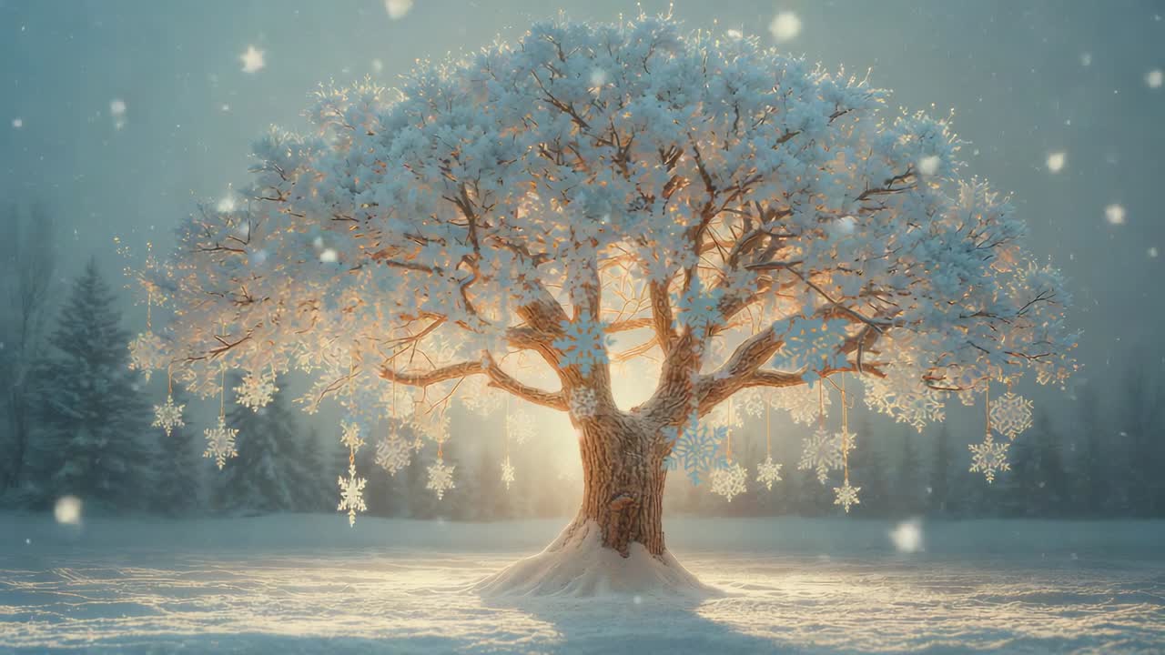 Golden glow rising behind snowy tree in clearing, drifting snowflakes illuminating flake ornaments
