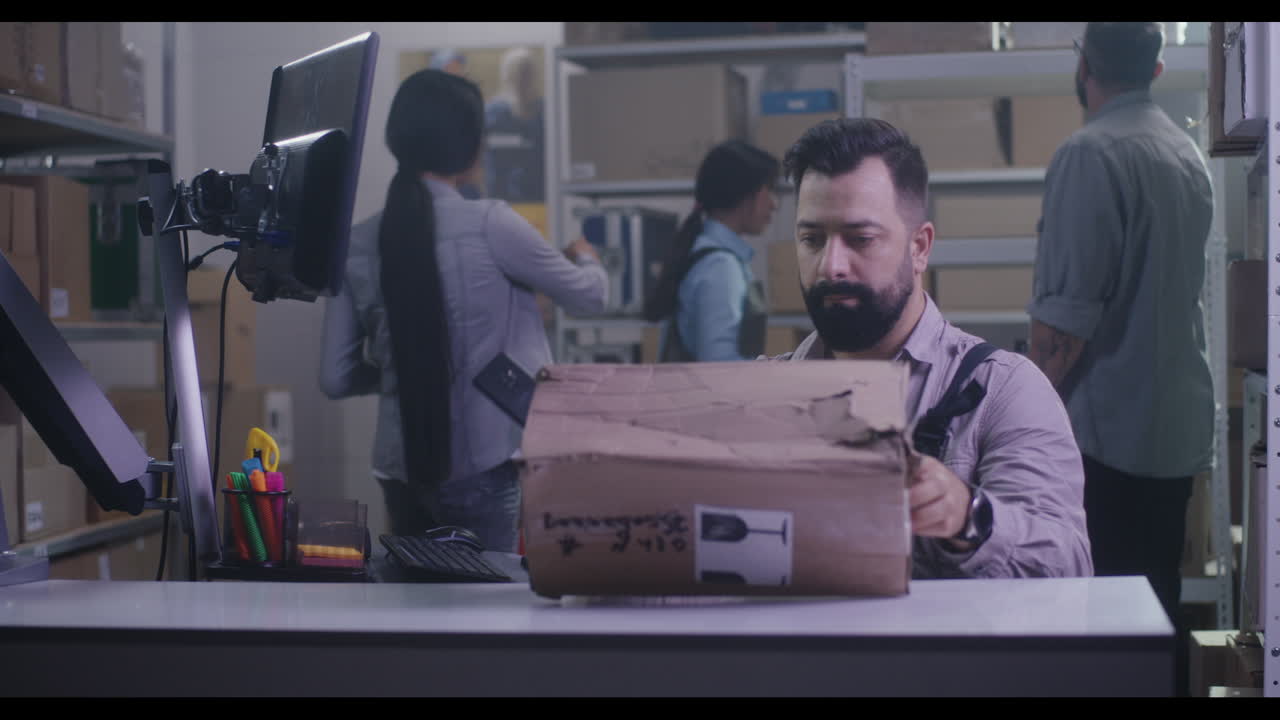 창고 노동자 가 패키지 를 점검 하고 있다