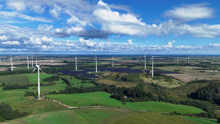 Splendide riprese aeree di diverse turbine eoliche moderne che ruotano su rigogliosi campi verdi e terreni agricoli sotto cieli blu vividi con nuvole dinamiche, mettendo in mostra l'energia rinnovabile nella pittoresca campagna