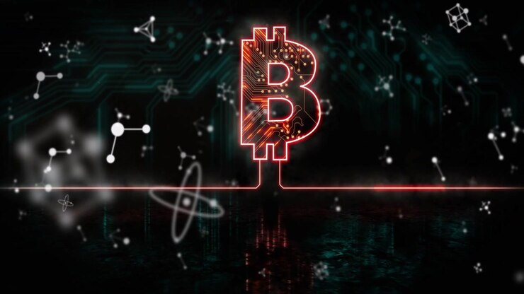 BTC che pulsa, in streaming, con una linea al neon che alimenta e glifi che fluttuano su un circuito color verde acqua, mostrando il flusso di rete.