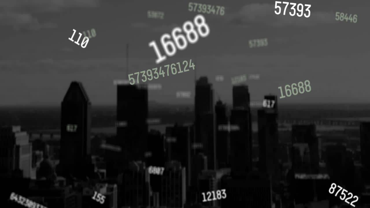 도시 풍경 위에서 떨어지는 숫자의 애니메이션