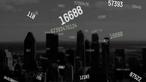animación de números que caen sobre el paisaje urbano