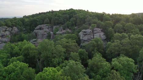 mit wald bedeckte felsige klippe in luftdrohnenansicht bei sonnenschein