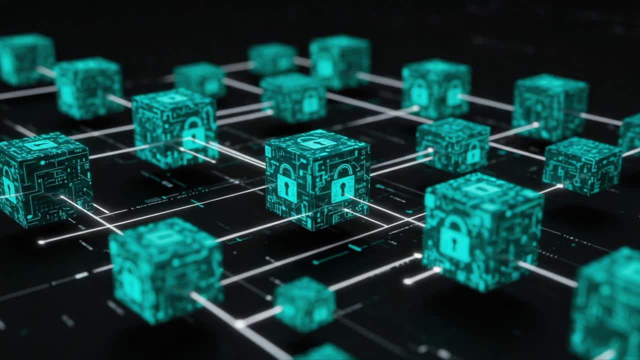 A Captivating Visual Representation of Secure Blockchain Technology Showcasing Interconnected Cube Structures and State-of-the-Art Lock Symbols for Enhanced Data Protection