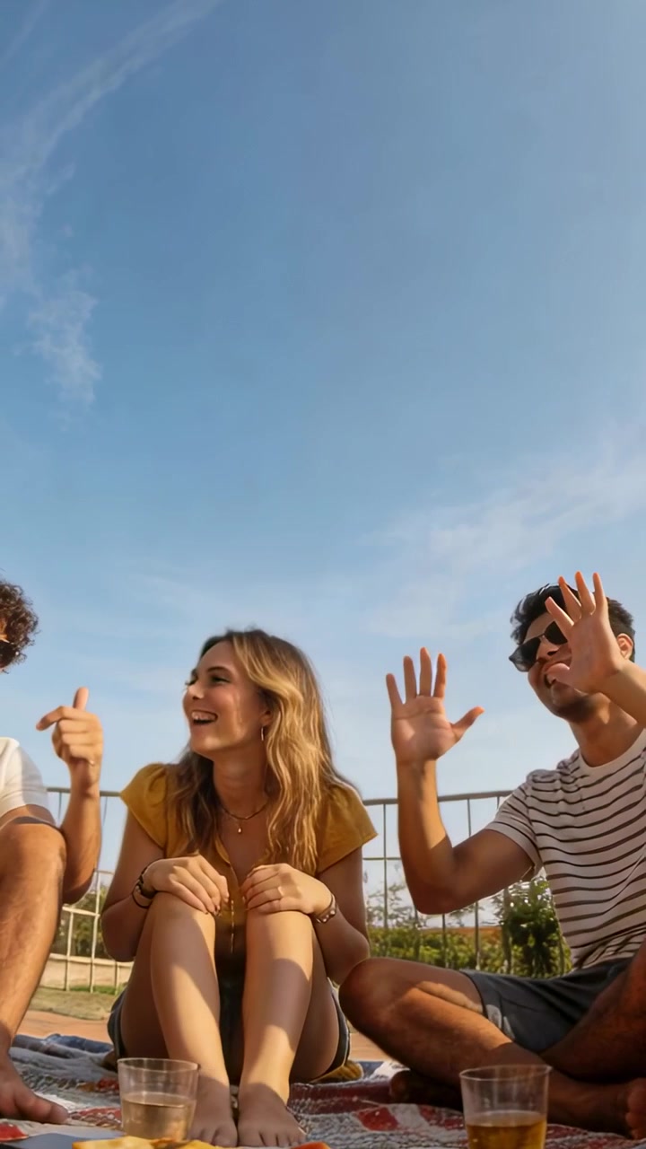Video verticale: Donna in top giallo che alza il braccio, fa ridere gli amici su una coperta in terrazza con bicchieri.