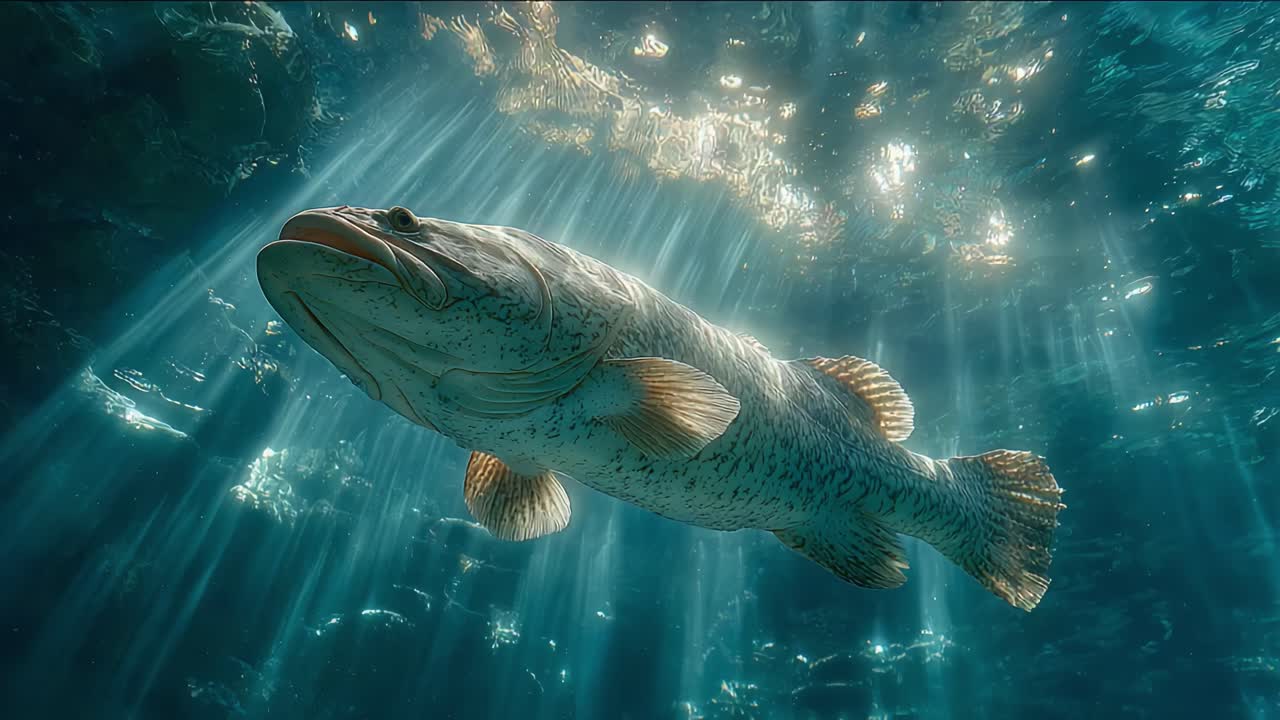 A majestic fish gliding through clear waters, illuminated by radiant beams of sunlight breaking through the ocean surface, creating a serene underwater atmosphere