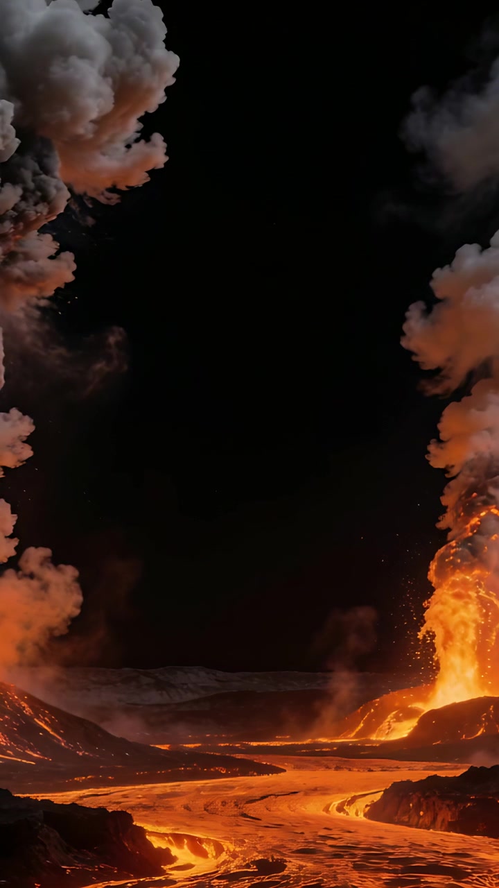 Vertical video: Erupting vent sending molten lava down center channel at night, releasing pressure