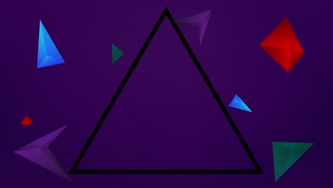 digital animation of triangle shape black outline and multicolored triangle shapes moving against pu