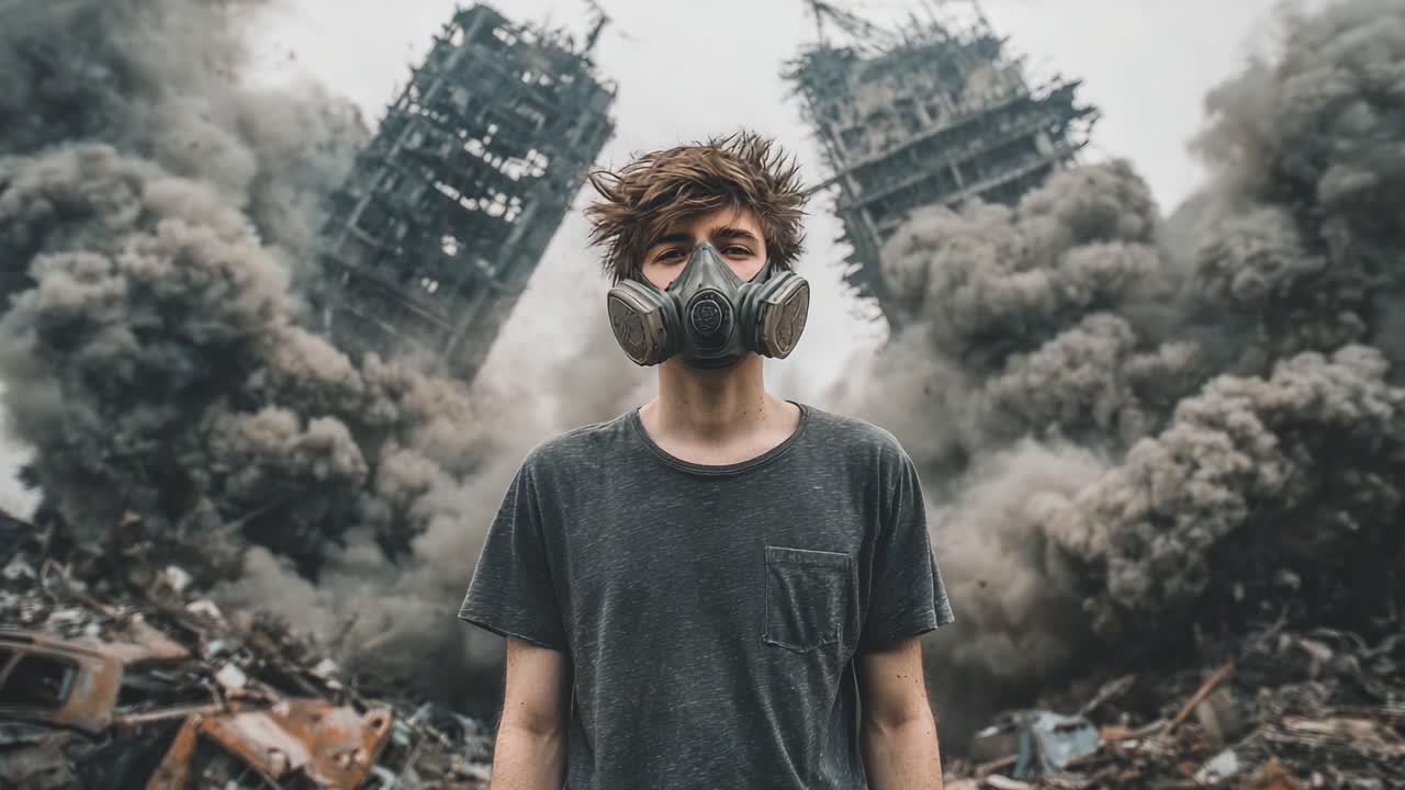 Una figura solitaria si erge tra le rovine di un paesaggio devastato, avvolta nel fumo e nel caos, a simboleggiare la resilienza e la sopravvivenza di fronte alla distruzione