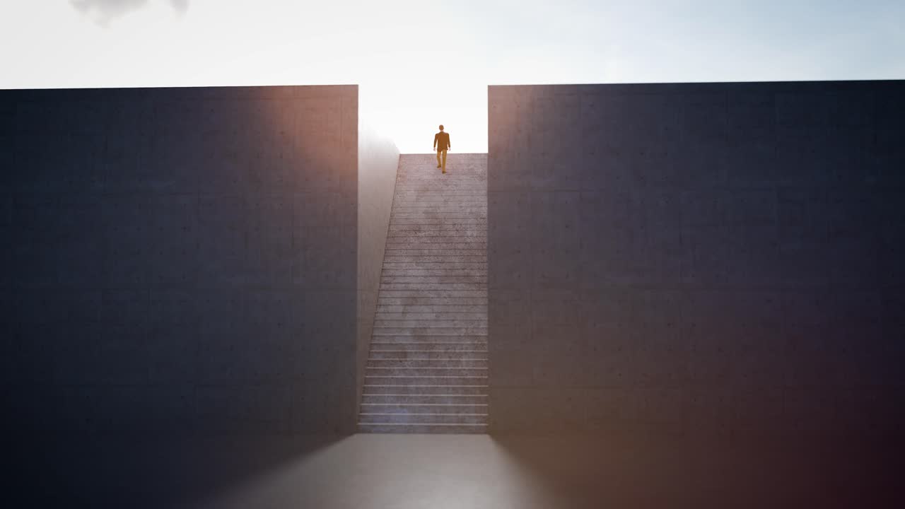 Person Walking Up Long Concrete Stairs Towards Bright Sky