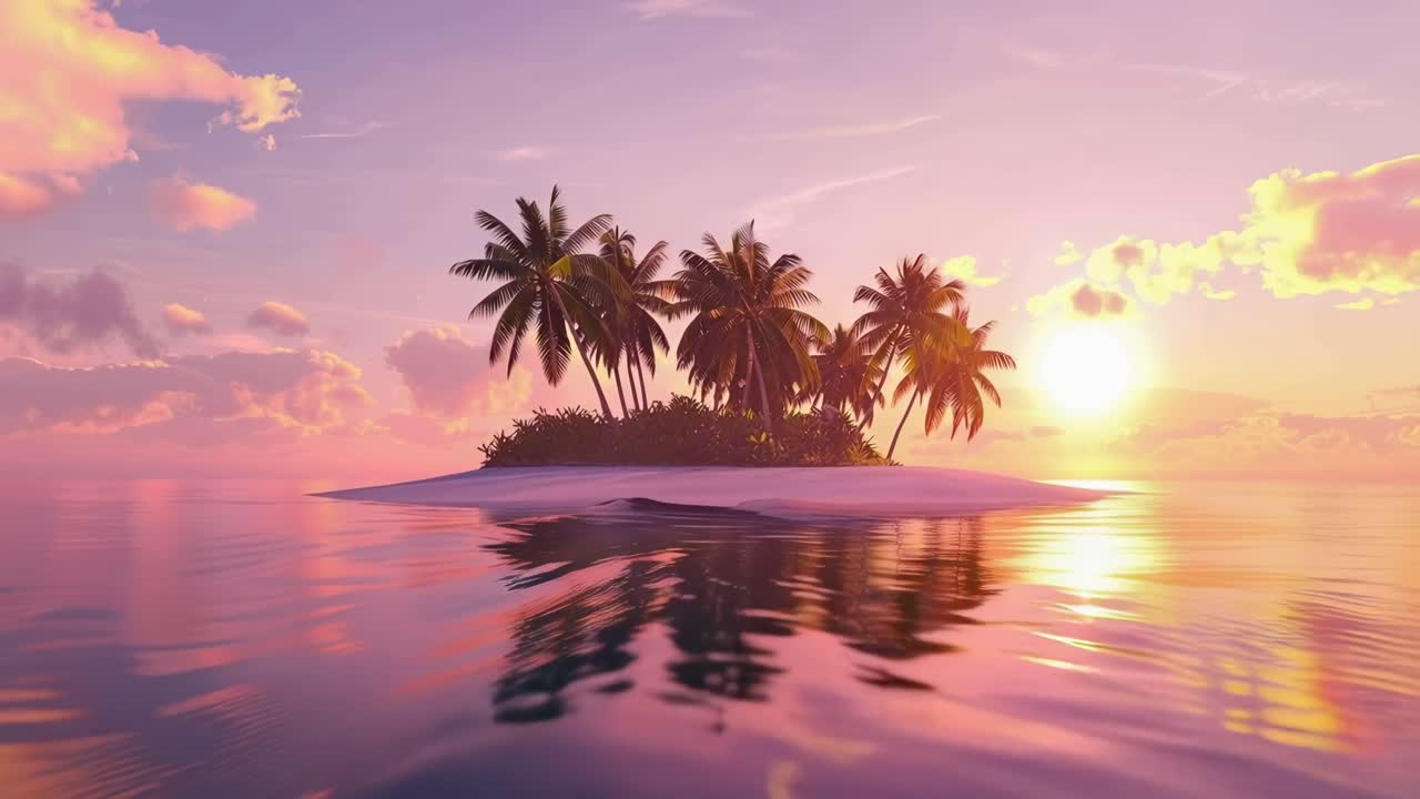 Tramonto vibrante su un'isola tropicale con palme e oceano calmo