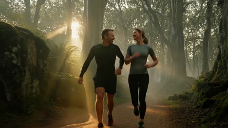 couple jogging together on a misty forest trail