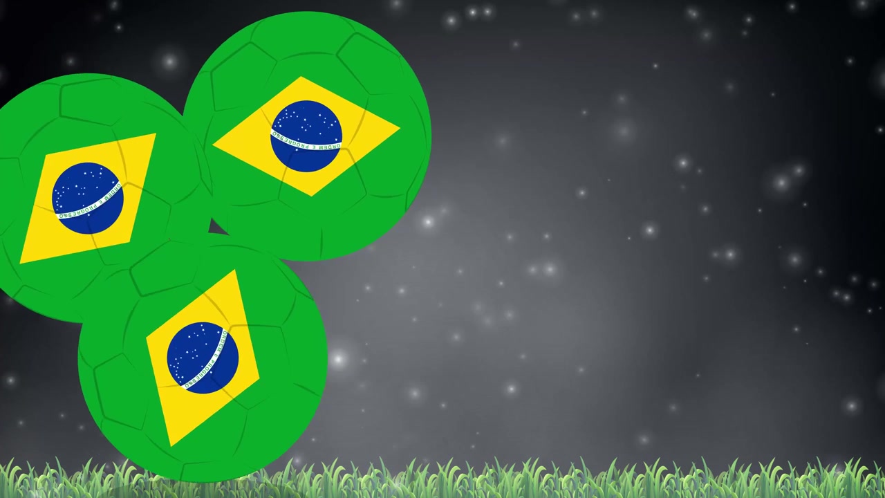 Bolas de futebol verdes com padrões de bandeiras saltam pela grama sob partículas brilhantes e céu noturno