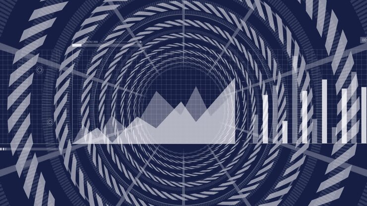 Animation of statistical data processing over round scanners in seamless pattern on blue background