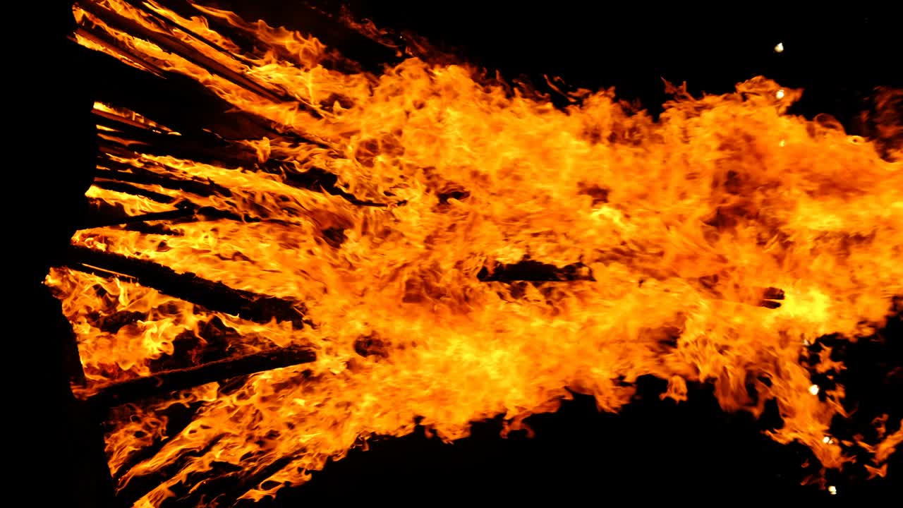 Vertical Video Bonfire Burns at Night on a Black Background on Nature